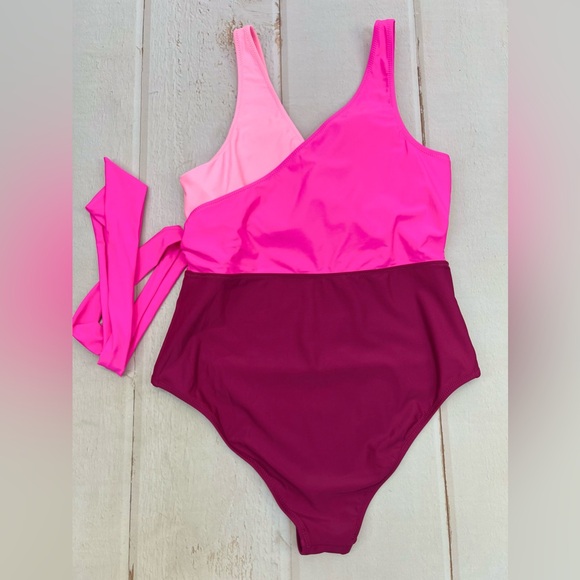 NWT Women's One Piece Swimsuit Wrap Color Block Tie Side Bathing Suit SIZE LARGE - Picture 10 of 17